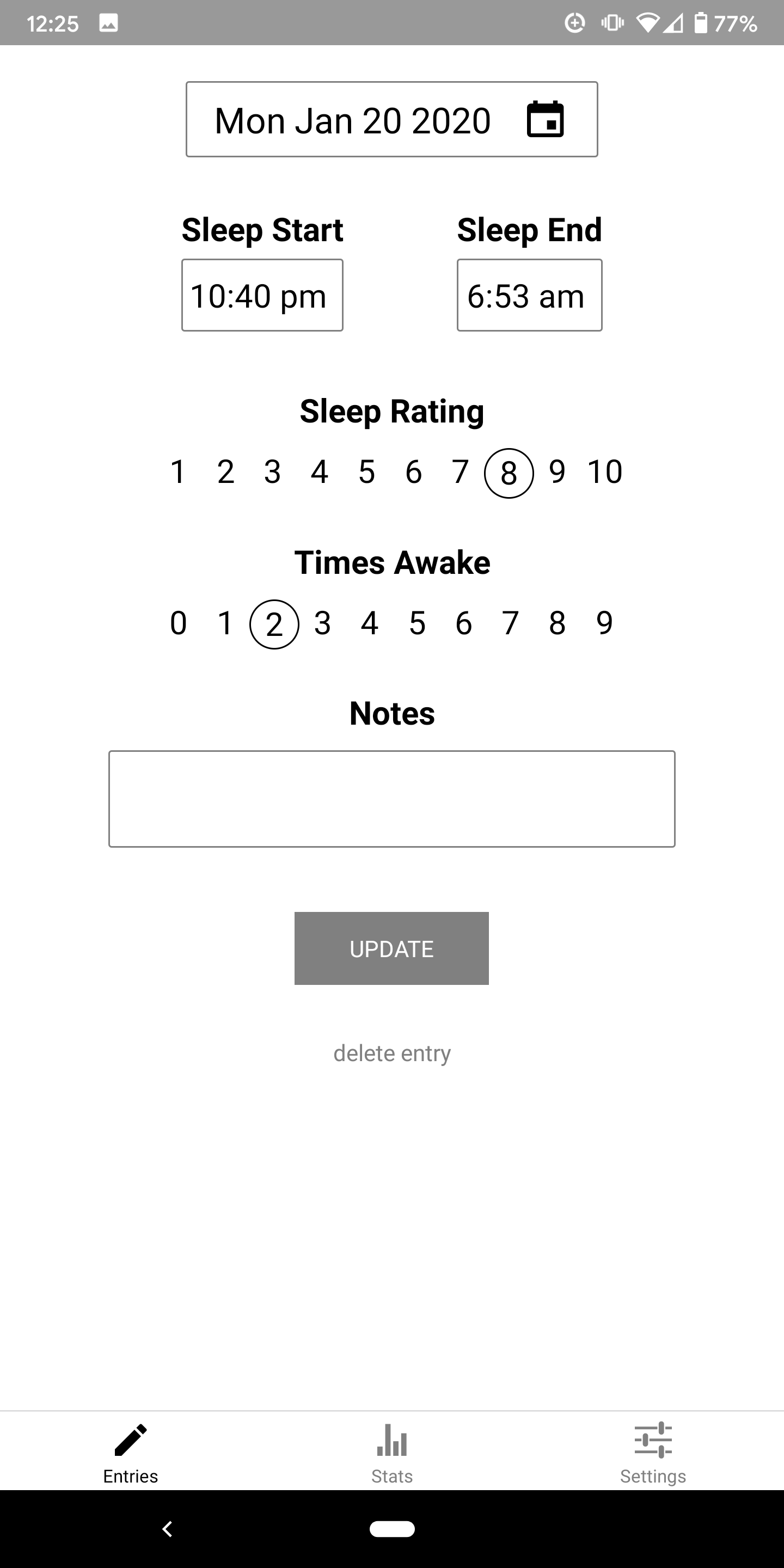 Screen shot of sleep tracker app